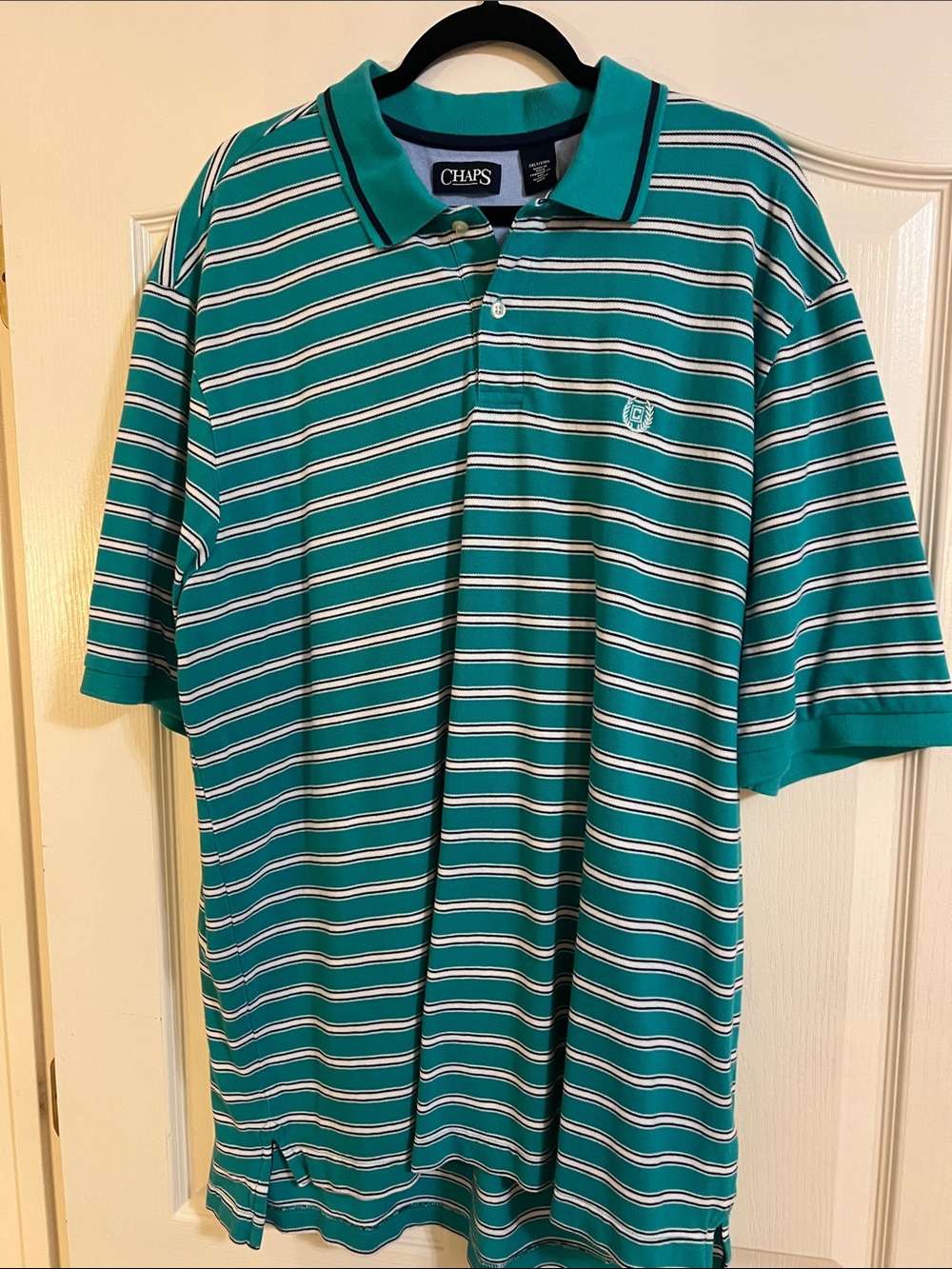 Chaps Men’s Teal and White Striped Polo